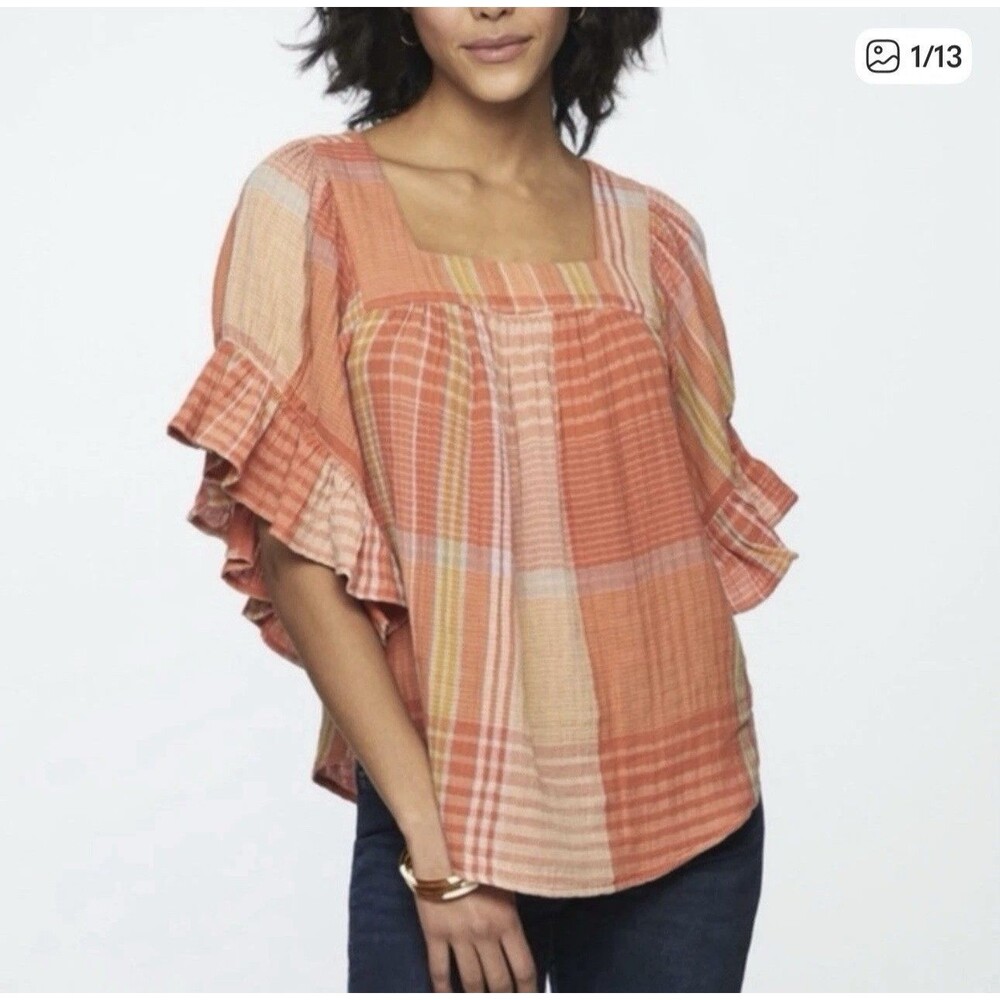 Beach Lunch Lounge Ruffle Sleeve Gauzy 100% Cotton Orange Blue Blouse Large